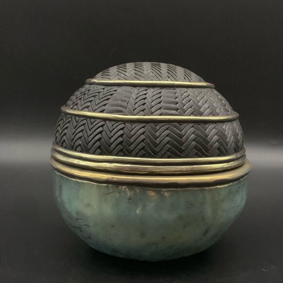 Candone Wharton Raku Pottery Basketweave & Glaze Vessel Bowl SIGNED with Lid - Picture 2 of 16